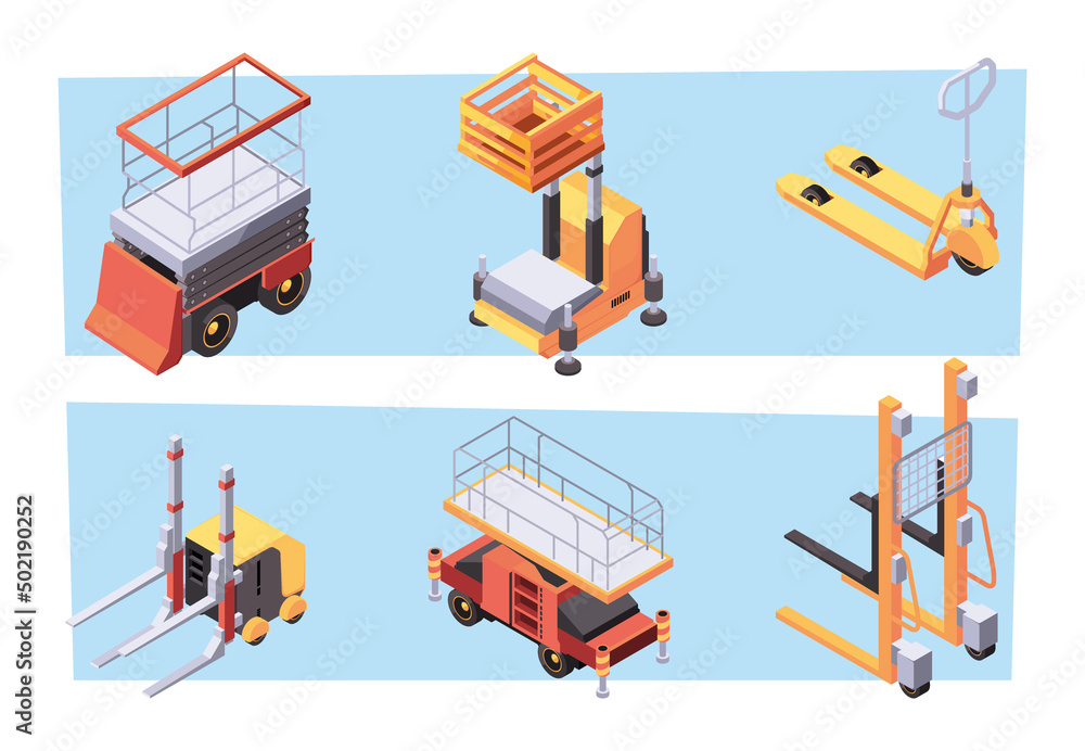 Lifting platforms. Vehicles for house building processes garish vector isometric platforms Lifting platforms. Vehicles for house building processes garish vector isometric platforms