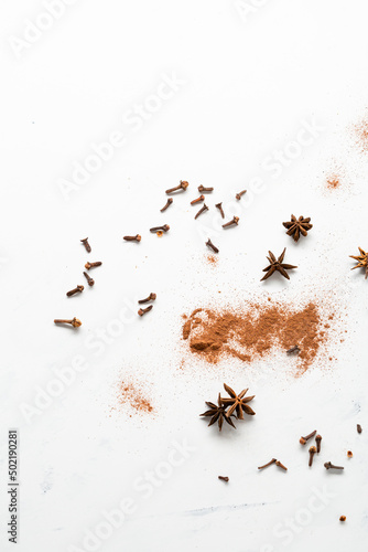 Light surface with cinnamon powder and anise stars © Olha Afanasieva