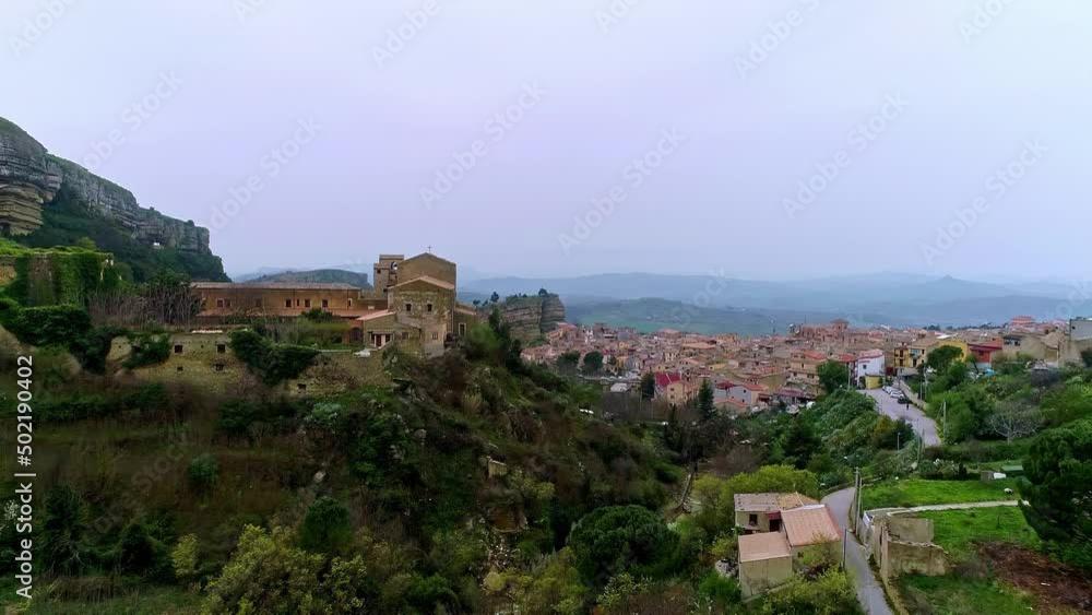 Aerial flight over Chiesa Maria SS del Malpasso and cityscape on Sicily during cloudy day Aerial flight over Chiesa Maria SS del Malpasso and cityscape on Sicily during cloudy day