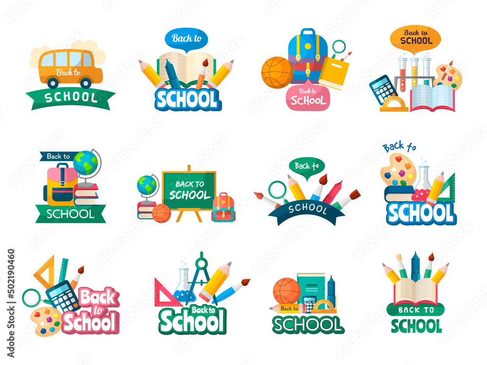 School emblems. Back to school labels with place for text recent vector colored emblems