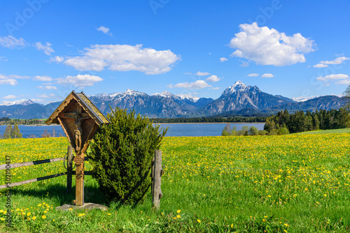 Idyllische Landschaft am Hopfensee im Frühjahr mit dem Säuling und einem Wegekreuz photo