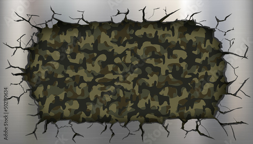 metal plate with cracks on the background of a military camouflage