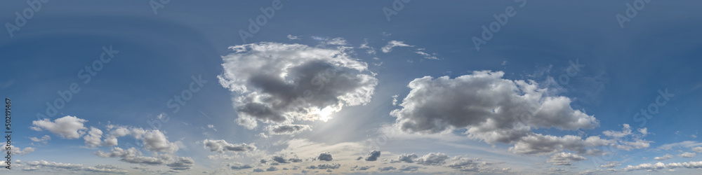 Obraz premium blue sky hdri 360 panorama with white beautiful clouds in seamless projection with zenith for use in 3d graphics or game development as sky dome or edit drone shot for sky replacement