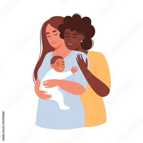 Happy lgbt family with a newborn baby. Lesbian couple. Concept of pregnancy, family, motherhood. Flat vector illustration.