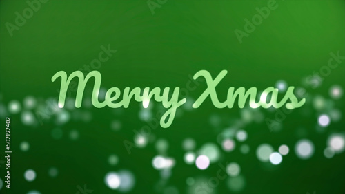 Merry christmas card. Christmas animation with greeting inscription, bokeh effect and green background. Abstract Christmas background animation