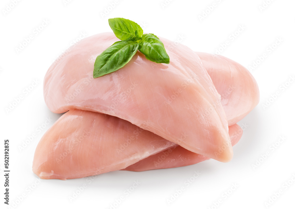 Chicken breast isolated. Raw chicken fillet on white background. Poultry raw with basil leaves. Chicken meat with clipping path. Chicken breast isolated. Raw chicken fillet on white background. Poultry raw with basil leaves. Chicken meat with clipping path.