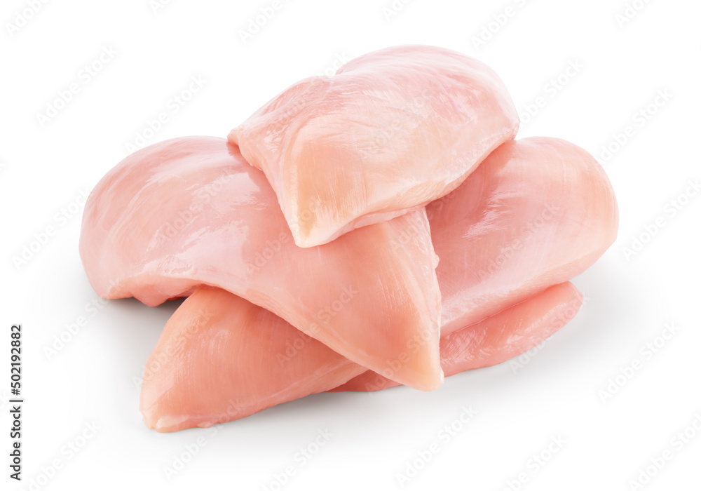 Chicken breast isolated. Raw chicken fillet on white background. Poultry raw. Chicken meat with clipping path.