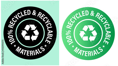 '100% recycled materials' vector icon set, green and black in color