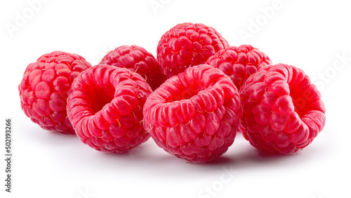 Raspberry isolated. Red raspberry on white background. Group of fresh raspberries. Full depth of field.