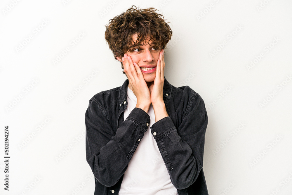 Young caucasian man isolated on white background scared and afraid. Young caucasian man isolated on white background scared and afraid.