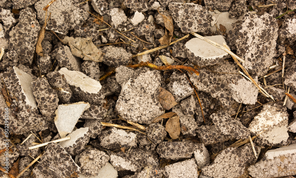 Different gray stones lie on the ground, stone background.