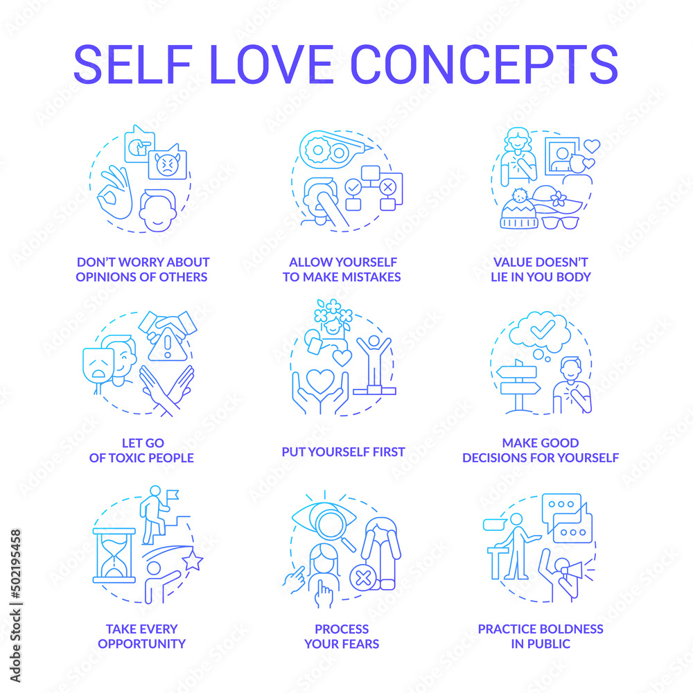 Self love blue gradient concept icons set. Care about personal mental wellness idea thin line color illustrations. Leaving toxic people. Isolated symbols. Roboto-Medium, Myriad Pro-Bold fonts used