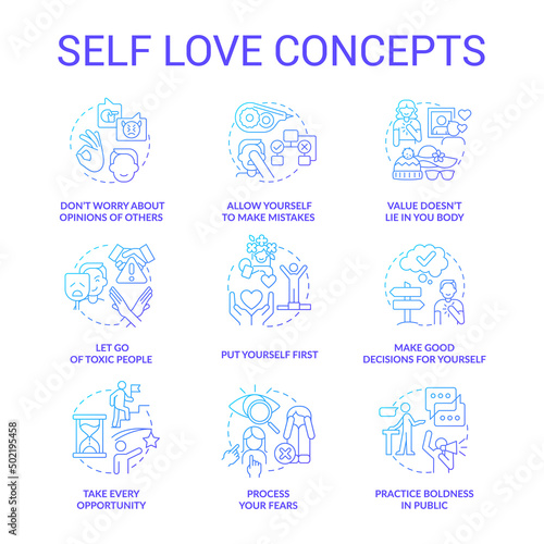Self love blue gradient concept icons set. Care about personal mental wellness idea thin line color illustrations. Leaving toxic people. Isolated symbols. Roboto-Medium, Myriad Pro-Bold fonts used