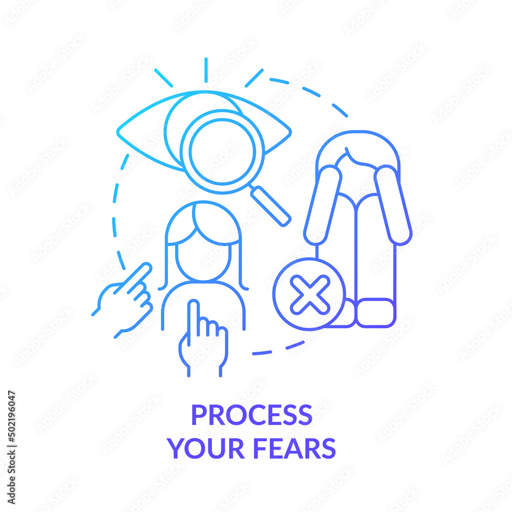 Process your fears blue gradient concept icon. Self-care strategy abstract idea thin line illustration. Overcome phobias, panic attacks. Isolated outline drawing. Myriad Pro-Bold font used Process your fears blue gradient concept icon. Self-care strategy abstract idea thin line illustration. Overcome phobias, panic attacks. Isolated outline drawing. Myriad Pro-Bold font used