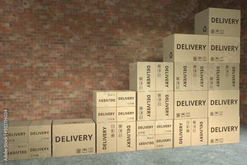 Many cardboard boxes with DELIVERY text compose a rising chart. Business growth conceptual 3D rendering