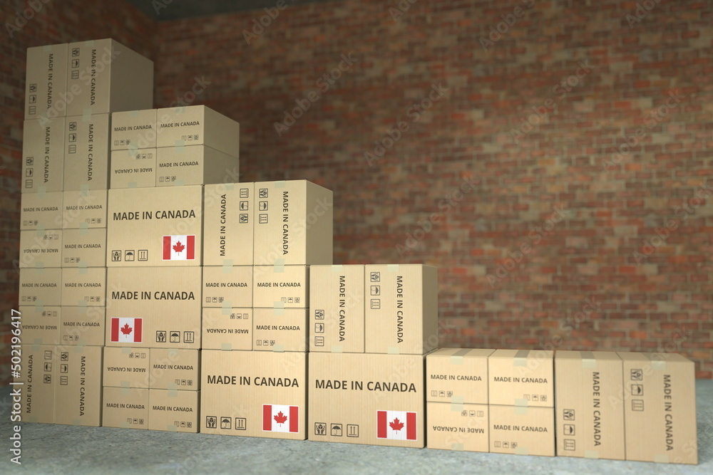 Fototapeta premium Declining bar chart made with boxes with made in Canada text. Conceptual 3D rendering
