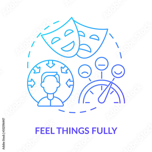 Feel things fully blue gradient concept icon. Way to self love abstract idea thin line illustration. Feeling deeply and intensely. Isolated outline drawing. Myriad Pro-Bold font used