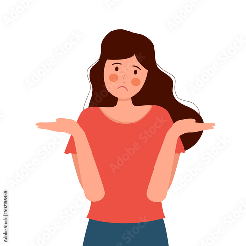 Young woman spread her hands and shrugging her shoulders in flat design on white background, gesture of opps, sorry or do not know.