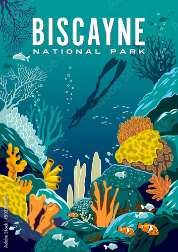 Detailed vector illustration of an underwater coral reef with fishes, diver and colorful corals in the background. Biscayne National Park travel poster. Handmade drawing vector illustration.