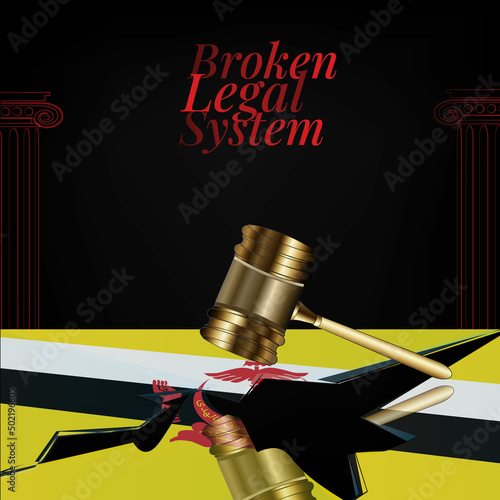 Brunei's broken legal system concept art.Flag of Brunei and a gavel.