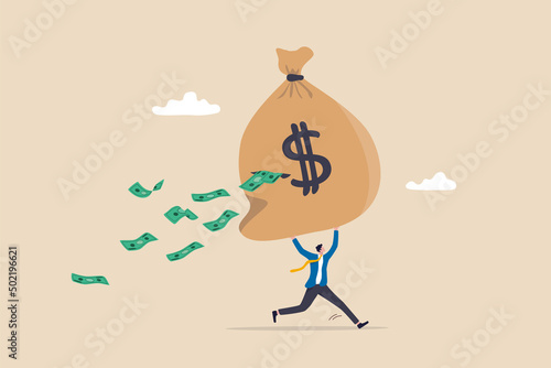 Lose money from investment mistake, tax or expense, mutual fund cost or financial problem, unknown cost drain out money concept, businessman carry big money bag with big hole banknotes falling out. photo