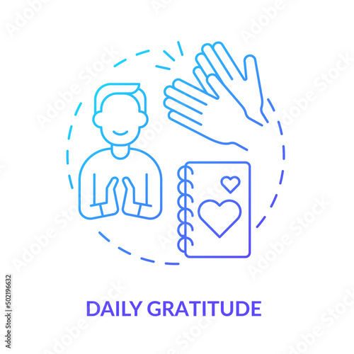 Daily gratitude blue gradient concept icon. Exercise for self love abstract idea thin line illustration. Maintaining self-care routine. Isolated outline drawing. Myriad Pro-Bold font used