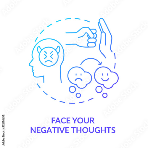 Face negative thoughts blue gradient concept icon. Self appreciation abstract idea thin line illustration. Overcoming negative thinking. Isolated outline drawing. Myriad Pro-Bold font used