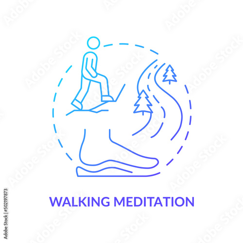 Walking meditation blue gradient concept icon. Mindfulness technique abstract idea thin line illustration. Connecting with nature. Isolated outline drawing. Myriad Pro-Bold font used