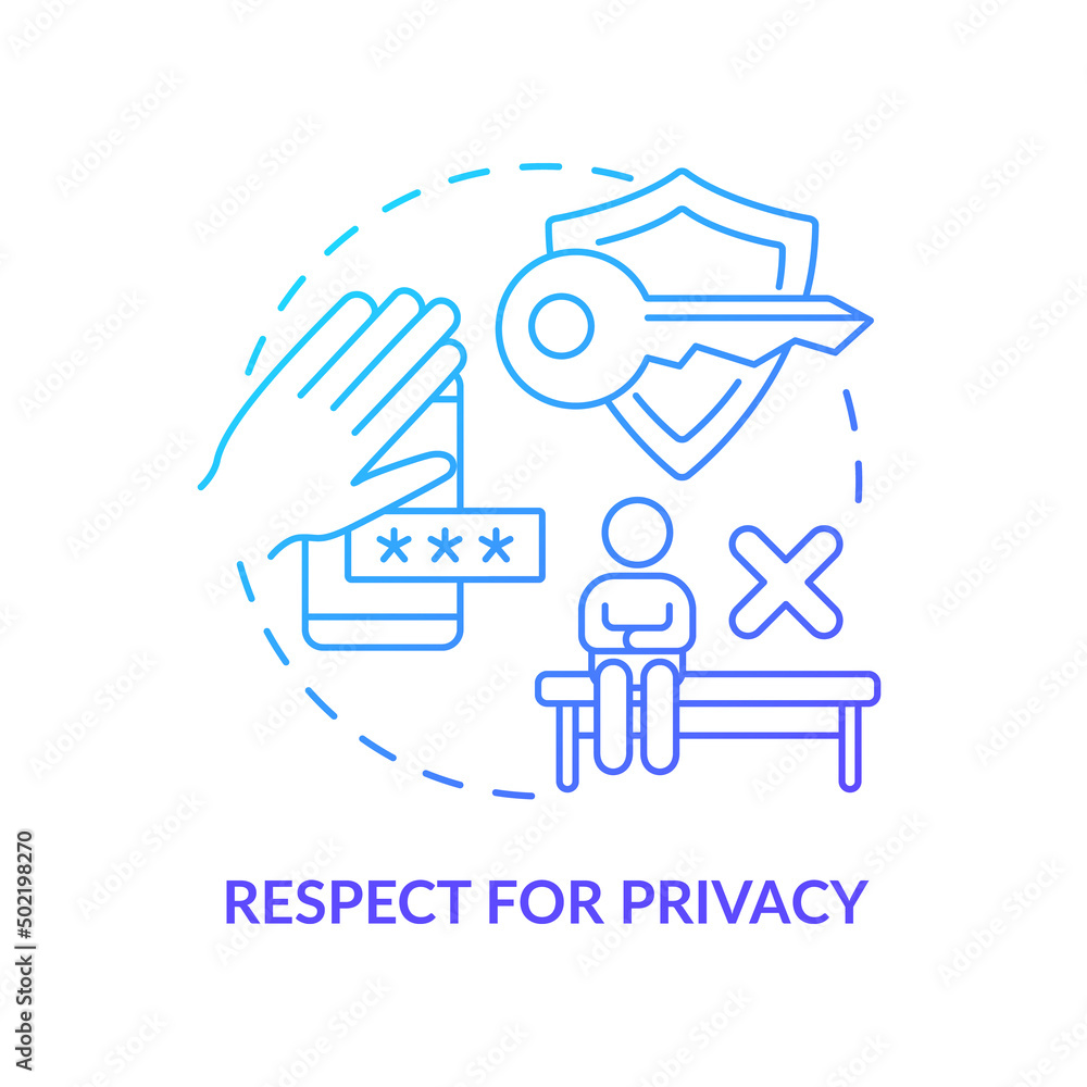 Respect for privacy blue gradient concept icon. Image of healthy relationships abstract idea thin line illustration. Limiting access. Isolated outline drawing. Myriad Pro-Bold font used Respect for privacy blue gradient concept icon. Image of healthy relationships abstract idea thin line illustration. Limiting access. Isolated outline drawing. Myriad Pro-Bold font used