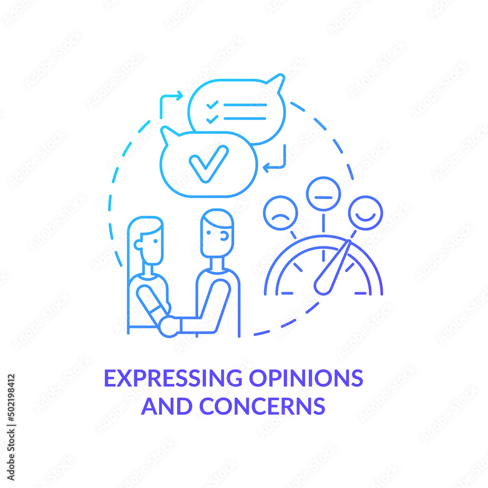 Expressing opinions and concerns blue gradient concept icon. Positive healthy relationships abstract idea thin line illustration. Isolated outline drawing. Myriad Pro-Bold font used Expressing opinions and concerns blue gradient concept icon. Positive healthy relationships abstract idea thin line illustration. Isolated outline drawing. Myriad Pro-Bold font used