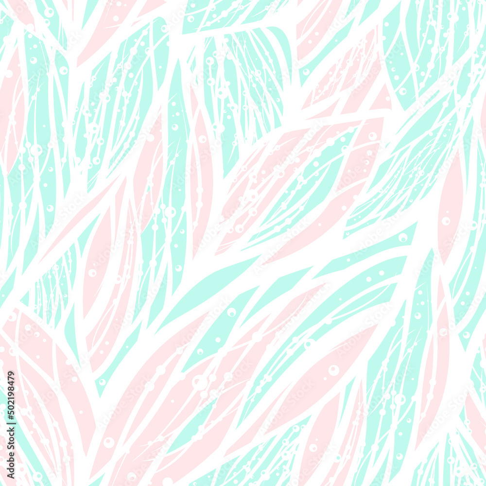 Abstract fashionable seamless pattern with water, flower, wind or floral elements. Vector illustration with tropic exotic natural tune. Mint green, pink and white colors