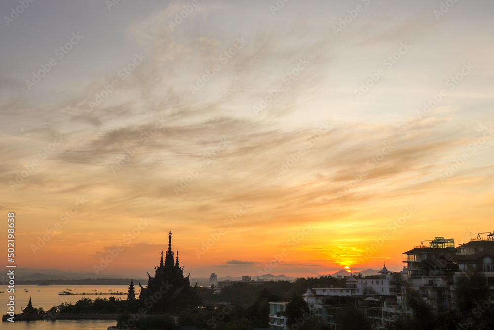 sunrise with shadow temple in pattaya, thailand