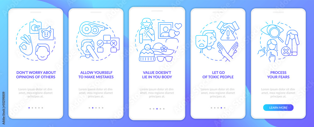 Self-care practices blue gradient onboarding mobile app screen. Walkthrough 5 steps graphic instructions pages with linear concepts. UI, UX, GUI template. Myriad Pro-Bold, Regular fonts used