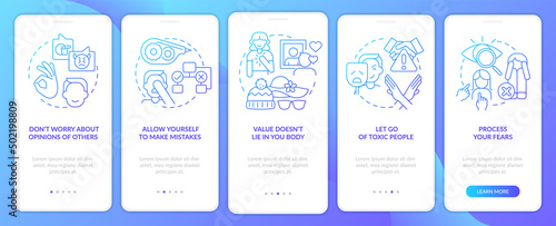 Self-care practices blue gradient onboarding mobile app screen. Walkthrough 5 steps graphic instructions pages with linear concepts. UI, UX, GUI template. Myriad Pro-Bold, Regular fonts used