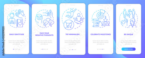 Self-compassion exercises blue gradient onboarding mobile app screen. Walkthrough 5 steps graphic instructions pages with linear concepts. UI, UX, GUI template. Myriad Pro-Bold, Regular fonts used