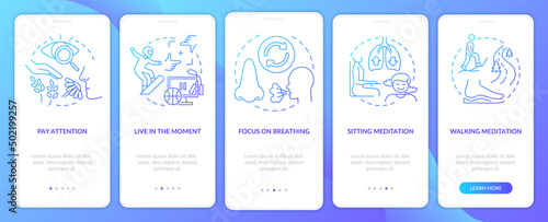 Mindfulness activities blue gradient onboarding mobile app screen. Walkthrough 5 steps graphic instructions pages with linear concepts. UI, UX, GUI template. Myriad Pro-Bold, Regular fonts used