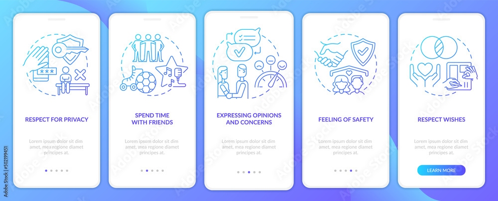 Positive healthy relationship blue gradient onboarding mobile app screen. Walkthrough 5 steps graphic instructions pages with linear concepts. UI, UX, GUI template. Myriad Pro-Bold, Regular fonts used
