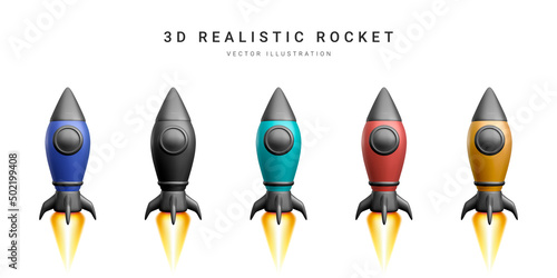 3d colour rocket set. Realistic space ship isolated on a white background. Vector illustration