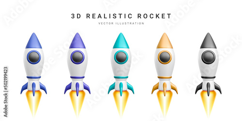 3d colour rocket set. Realistic space ship isolated on a white background. Vector illustration