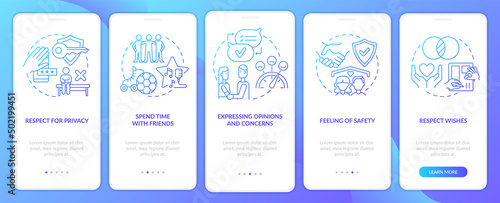 Positive healthy relationship blue gradient onboarding mobile app screen. Walkthrough 5 steps graphic instructions pages with linear concepts. UI, UX, GUI template. Myriad Pro-Bold, Regular fonts used