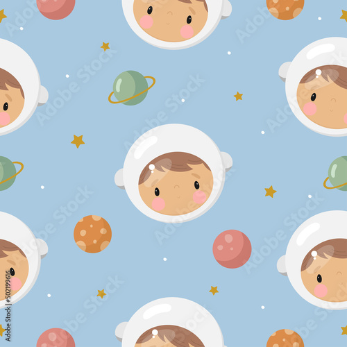 Seamless Pattern with Cosmonaut. Vector illustration. For greeting card, posters, banners, the card, printing on the pack, printing on clothes, fabric, wallpaper.