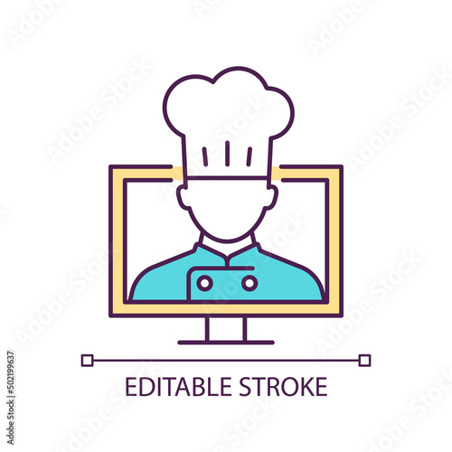 Cooking course online RGB color icon. Master class with chief. Learn to cook with video lesson. Isolated vector illustration. Simple filled line drawing. Editable stroke. Arial font used