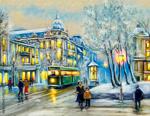 Photography Oil paintings winter landscape, old city, tram in the city