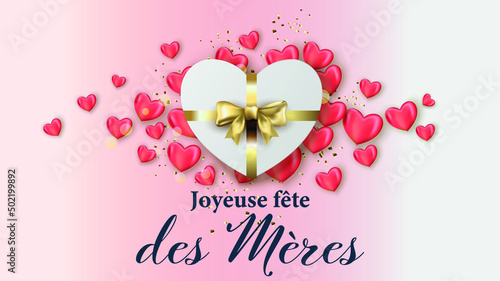 carte ou bandeau pour la fête des mères avec un cadeau en forme de coeur avec son ruban or des coeur rose autour du cadeau sur un fond rose et blanc en dégradé	