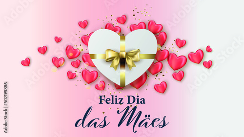 cartão ou banner para o dia das mães com um presente em forma de coração com sua fita dourada de corações rosa ao redor do presente em um fundo gradiente rosa e branco