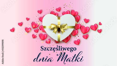 kartka lub baner na dzień matki z prezentem w kształcie serca ze złotą wstążką różowych serc wokół prezentu na różowo-białym gradientowym tle