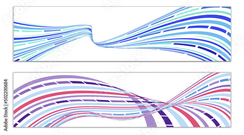 Wavy lines or ribbons. Set of 2 covers. Multicolored striped. Creative unusual background with abstract wave lines for creating a trendy banner  poster. vector eps