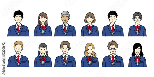 Set illustrations of the upper body of various students.