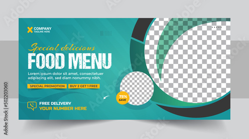 Fast food business promotion web banner template design, Restaurant healthy burger online sale social media marketing cover or web banner template vector