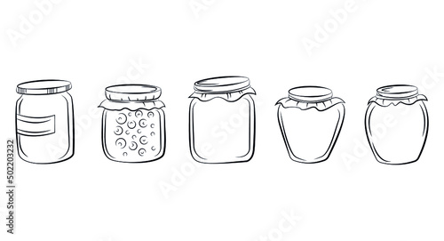 Collection of vector black and white jars with lids. Flat illustration, sketch.